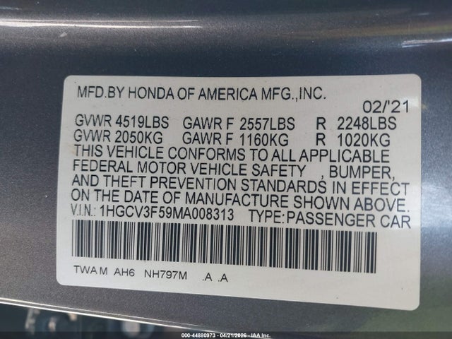 Aukcja sprzedaży 2021 Honda Accord Hybrid Ex-l, vin: 1HGCV3F59MA008313, numer aukcji: 44880973