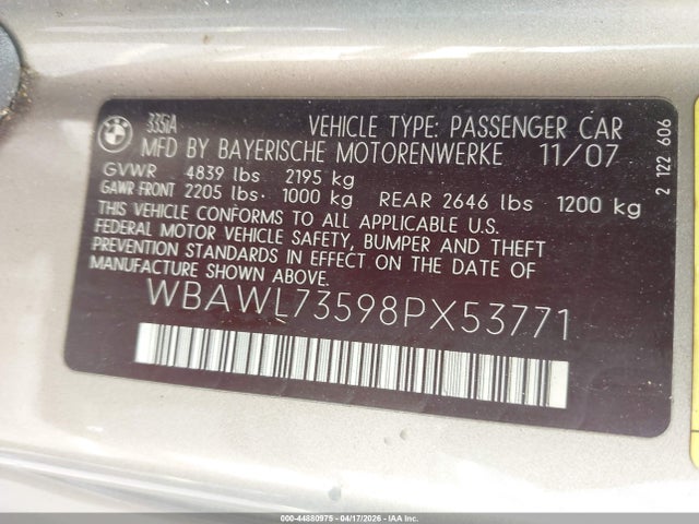 Продаж на аукціоні авто 2008 Bmw 335i, vin: WBAWL73598PX53771, номер лоту: 44880975