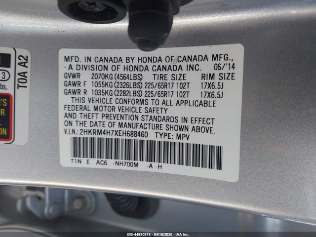 2HKRM4H7XEH688460 Honda Cr-v Ex-l