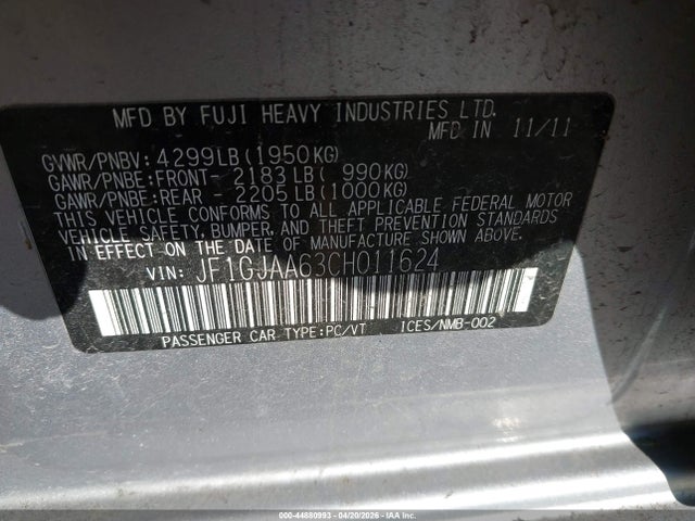 2012 Subaru Impreza 2.0i მანქანა იყიდება აუქციონზე, vin: JF1GJAA63CH011624, აუქციონის ნომერი: 44880993