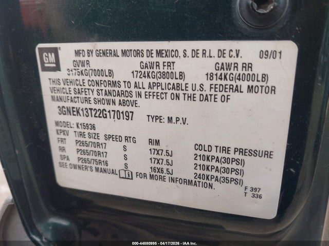 44880995 :رقم المزاد ، 3GNEK13T22G170197 vin ، 2002 Chevrolet Avalanche 1500 مزاد بيع