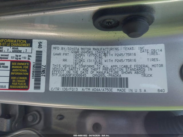 2015 Toyota Tacoma Prerunner V6 მანქანა იყიდება აუქციონზე, vin: 5TFJU4GN9FX066645, აუქციონის ნომერი: 44881002
