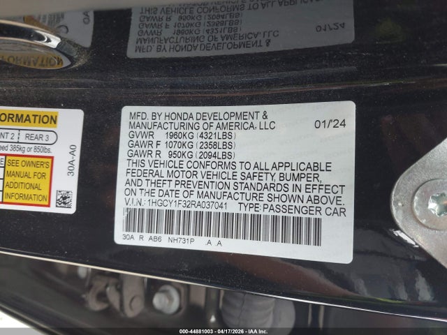 2024 Honda Accord Ex მანქანა იყიდება აუქციონზე, vin: 1HGCY1F32RA037041, აუქციონის ნომერი: 44881003