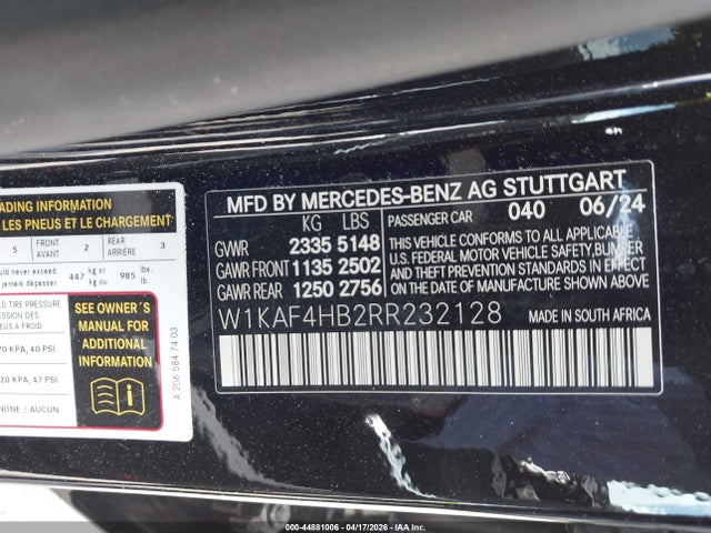 44881006 :رقم المزاد ، W1KAF4HB2RR232128 vin ، 2024 Mercedes-benz C 300 مزاد بيع