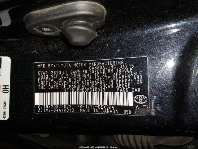 2015 Toyota Corolla S Plus მანქანა იყიდება აუქციონზე, vin: 2T1BURHE9FC400431, აუქციონის ნომერი: 44881009