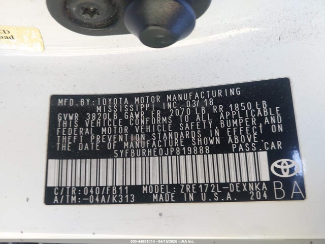 5YFBURHE0JP819888 Toyota COROLLA LE