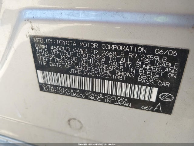 Aukcja sprzedaży 2007 Lexus Es 350, vin: JTHBJ46G572031081, numer aukcji: 44881015