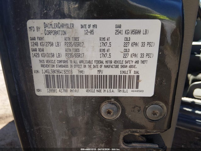 Aukcja sprzedaży 2006 Jeep Liberty Limited Edition, vin: 1J4GL58K96W192916, numer aukcji: 44881019