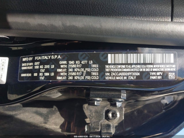 Продажа на аукционе авто 2017 Jeep Renegade Latitude Fwd, vin: ZACCJABBXHPF35504, номер лота: 44881026