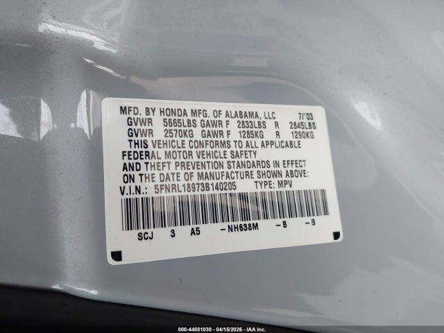 Aukcja sprzedaży 2003 Honda Odyssey Ex-l, vin: 5FNRL18973B140205, numer aukcji: 44881030