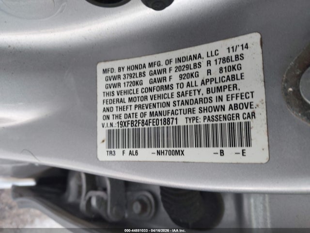 44881033 :رقم المزاد ، 19XFB2F84FE018871 vin ، 2015 Honda Civic Ex مزاد بيع