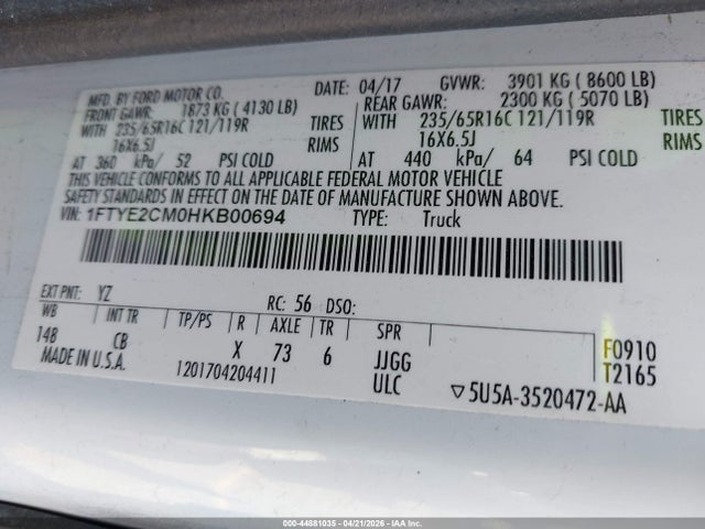 44881035 :رقم المزاد ، 1FTYE2CM0HKB00694 vin ، 2017 Ford Transit-150 مزاد بيع