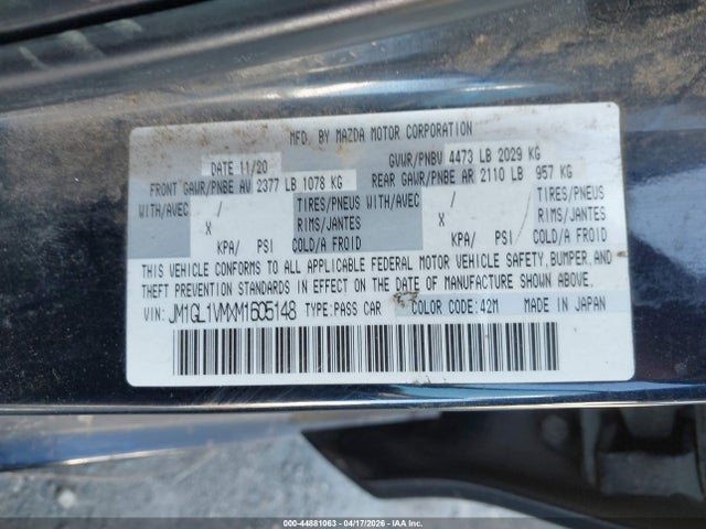 44881063 :رقم المزاد ، JM1GL1VMXM1605148 vin ، 2021 Mazda Mazda6 Touring مزاد بيع