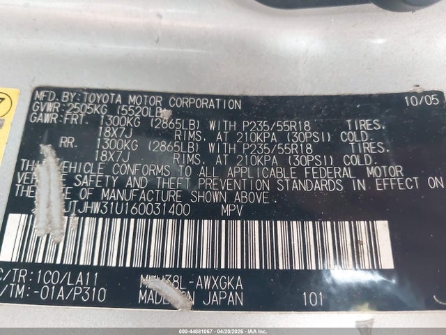 44881067 :رقم المزاد ، JTJHW31U160031400 vin ، 2006 Lexus Rx 400h مزاد بيع