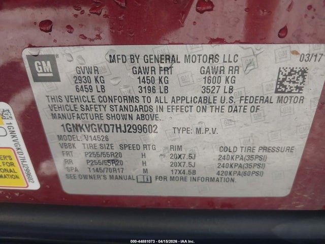 Продаж на аукціоні авто 2017 Chevrolet Traverse 1lt, vin: 1GNKVGKD7HJ299602, номер лоту: 44881073