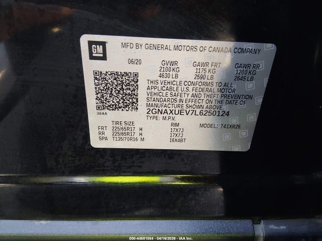 Продажа на аукционе авто 2020 Chevrolet Equinox Awd Lt 1.5l Turbo, vin: 2GNAXUEV7L6250124, номер лота: 44881084