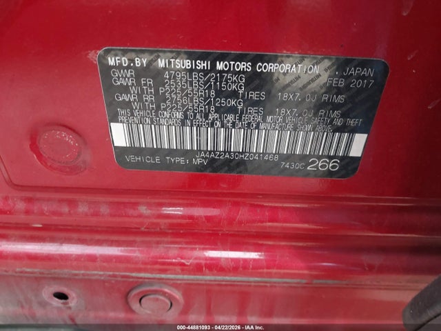 Aukcja sprzedaży 2017 Mitsubishi Outlander Es, vin: JA4AZ2A30HZ041468, numer aukcji: 44881093