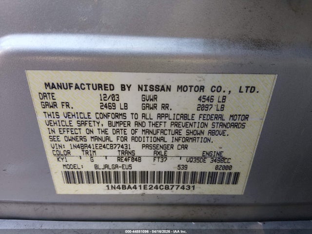 Aukcja sprzedaży 2004 Nissan Maxima 3.5 Sl, vin: 1N4BA41E24C877431, numer aukcji: 44881096