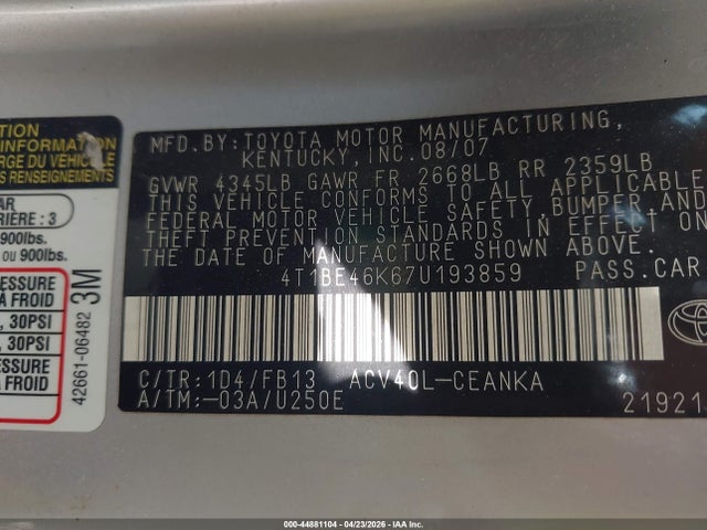 Продажа на аукционе авто 2007 Toyota Camry Le, vin: 4T1BE46K67U193859, номер лота: 44881104