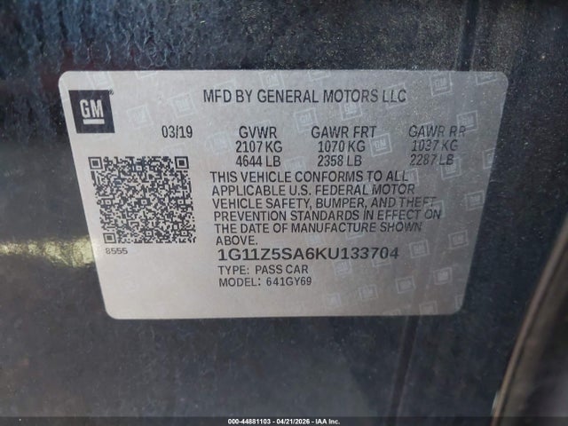 Auction sale of the 2019 Chevrolet Impala Lt, vin: 1G11Z5SA6KU133704, lot number: 44881103