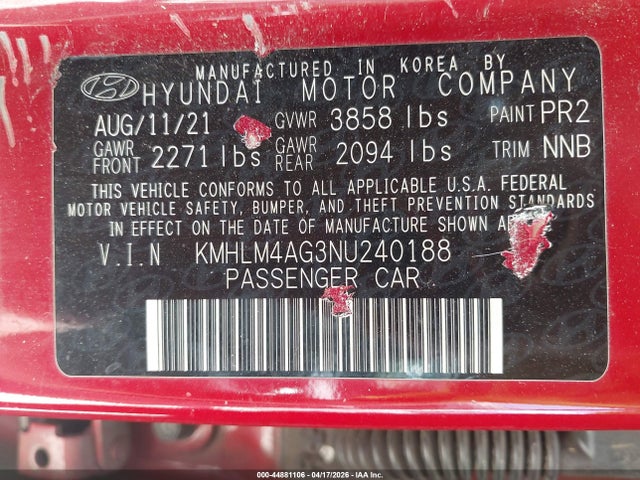 2022 Hyundai Elantra Sel მანქანა იყიდება აუქციონზე, vin: KMHLM4AG3NU240188, აუქციონის ნომერი: 44881106