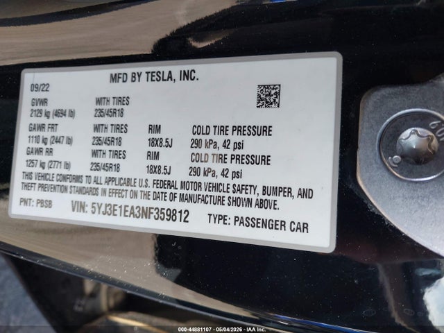 Tesla Model 3 Rear-wheel Drive 2022 5YJ3E1EA3NF359812 Image 9