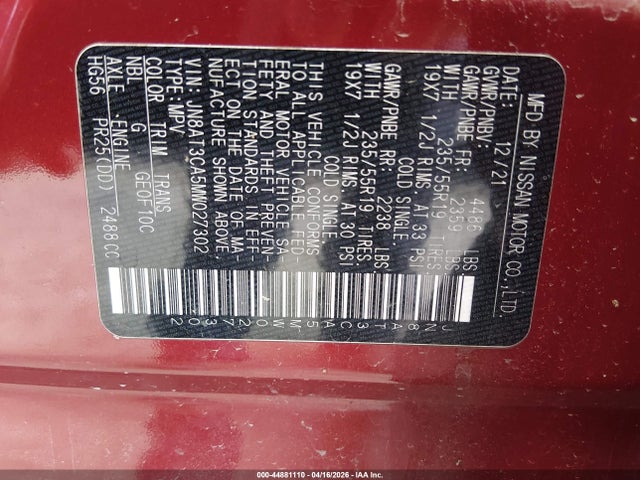 JN8AT3CA5MW027302 Nissan Rogue Sl Fwd