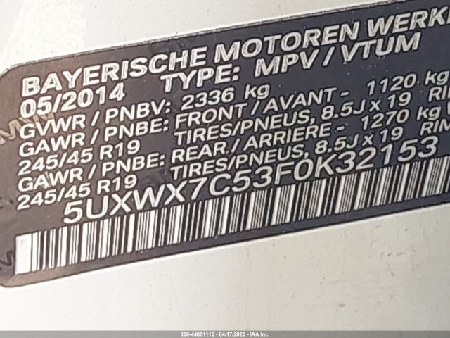 Продаж на аукціоні авто 2015 Bmw X3 Xdrive35i, vin: 5UXWX7C53F0K32153, номер лоту: 44881116
