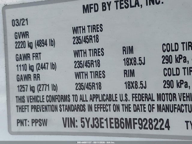 44881137 :رقم المزاد ، 5YJ3E1EB6MF928224 vin ، 2021 Tesla Model 3 Long Range Dual Motor All-wheel Drive مزاد بيع