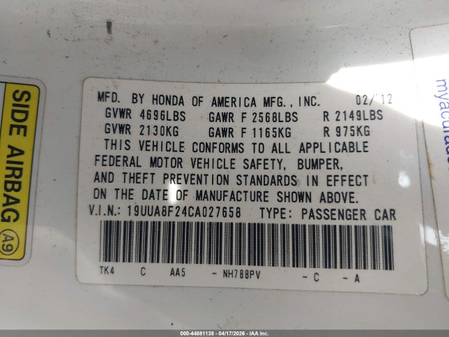 Продаж на аукціоні авто 2012 Acura Tl 3.5, vin: 19UUA8F24CA027658, номер лоту: 44881138