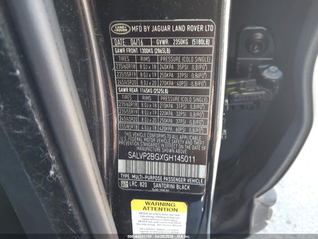 2016 Land Rover Range Rover Evoque Se/se Premium მანქანა იყიდება აუქციონზე, vin: SALVP2BGXGH145011, აუქციონის ნომერი: 44881155