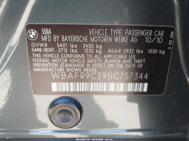 2011 Bmw 550i მანქანა იყიდება აუქციონზე, vin: WBAFR9C59BC757344, აუქციონის ნომერი: 44881167