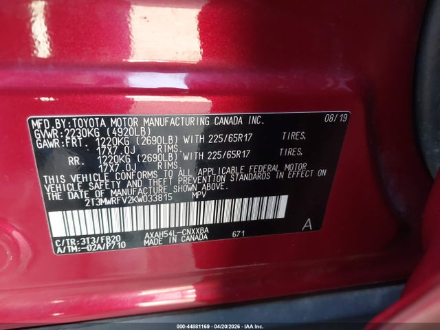 2T3MWRFV2KW033815 Toyota Rav4 Hybrid Le