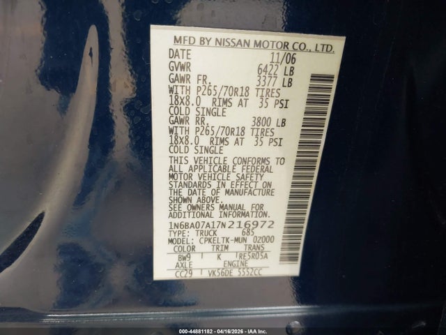 2007 Nissan Titan Se მანქანა იყიდება აუქციონზე, vin: 1N6BA07A17N216972, აუქციონის ნომერი: 44881182