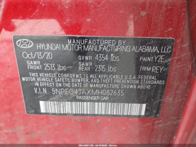 2021 Hyundai Sonata Se მანქანა იყიდება აუქციონზე, vin: 5NPEG4JAXMH082635, აუქციონის ნომერი: 44881185