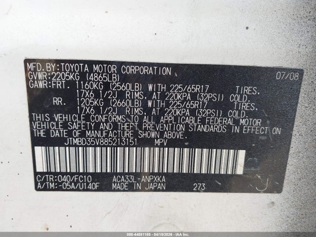Продаж на аукціоні авто 2008 Toyota Rav4, vin: JTMBD35V885213151, номер лоту: 44881188