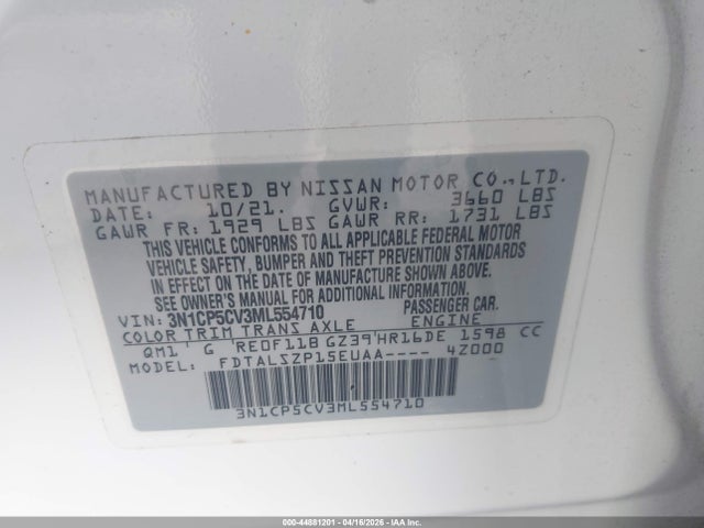 Продаж на аукціоні авто 2021 Nissan Kicks Sv Xtronic Cvt, vin: 3N1CP5CV3ML554710, номер лоту: 44881201