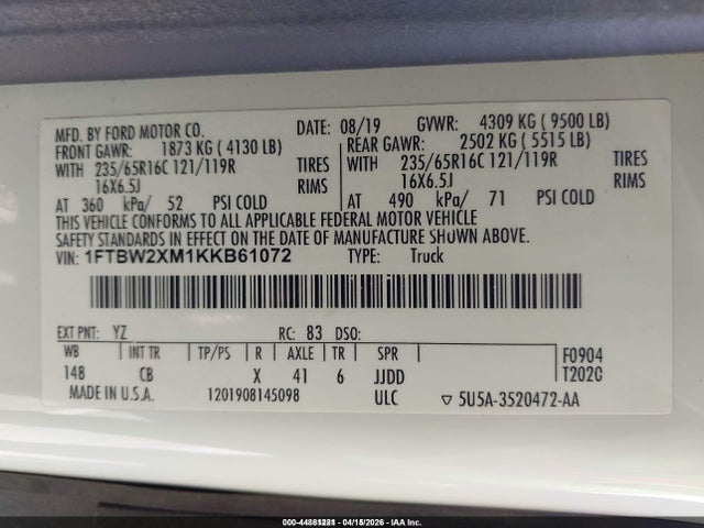 2019 Ford Transit-350 მანქანა იყიდება აუქციონზე, vin: 1FTBW2XM1KKB61072, აუქციონის ნომერი: 44881221