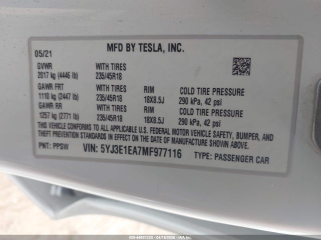 44881225 :رقم المزاد ، 5YJ3E1EA7MF977116 vin ، 2021 Tesla Model 3 Standard Range Plus Rear-wheel Drive مزاد بيع