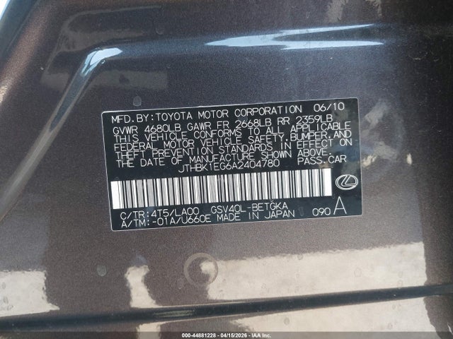 Продажа на аукционе авто 2010 Lexus Es 350, vin: JTHBK1EG6A2404780, номер лота: 44881228