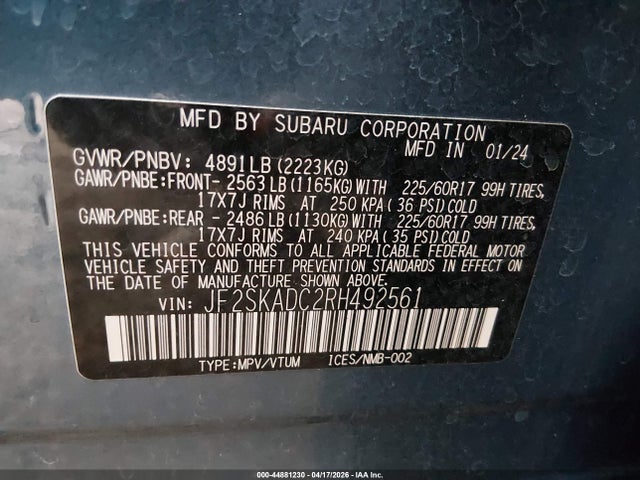 Auction sale of the 2024 Subaru Forester Premium, vin: JF2SKADC2RH492561, lot number: 44881230