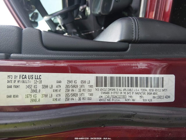 Aukcja sprzedaży 2019 Jeep Grand Cherokee Limited X 4x4, vin: 1C4RJFBG0KC623363, numer aukcji: 44881235