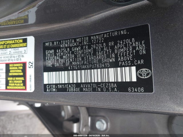 4T1G11AK6PU763415 Toyota CAMRY SE
