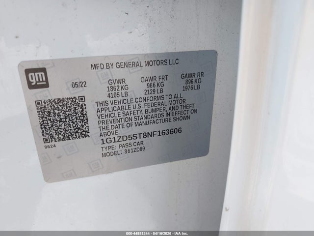 Продажа на аукционе авто 2022 Chevrolet Malibu Fwd Lt, vin: 1G1ZD5ST8NF163606, номер лота: 44881244