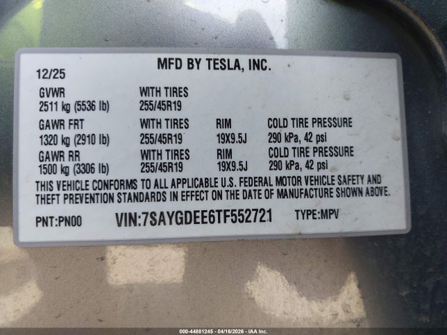 Продаж на аукціоні авто 2026 Tesla Model Y All-wheel Drive/long Range Launch Series/premium All-wheel Drive, vin: 7SAYGDEE6TF552721, номер лоту: 44881245