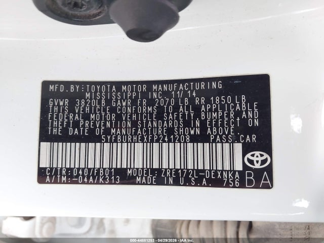 Продаж на аукціоні авто 2015 Toyota Corolla Le, vin: 5YFBURHEXFP241208, номер лоту: 44881253