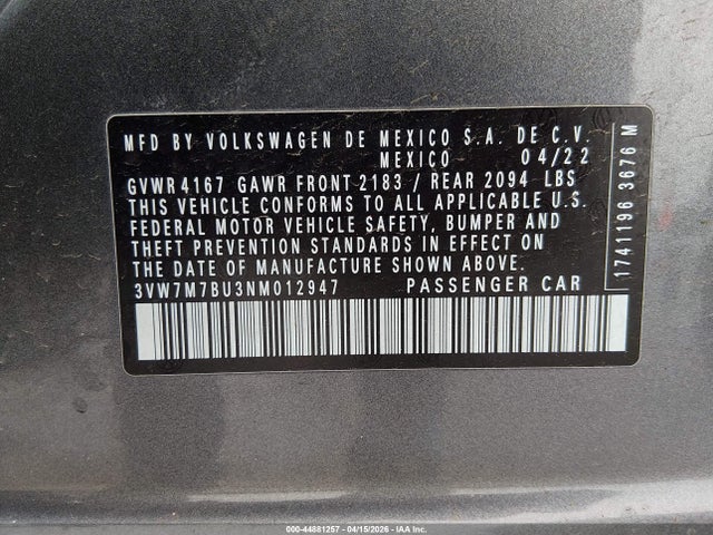 Aukcja sprzedaży 2022 Volkswagen Jetta 1.5t Se, vin: 3VW7M7BU3NM012947, numer aukcji: 44881257