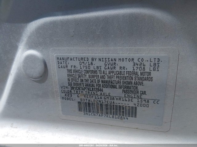 Продаж на аукціоні авто 2019 Nissan Versa 1.6 Sv, vin: 3N1CN7AP7KL812844, номер лоту: 44881261