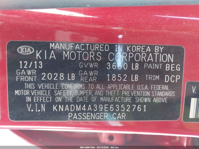 KNADM4A39E6352761 KIA RIO LX