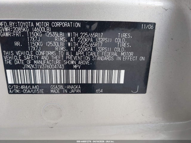 Auction sale of the 2007 Toyota Rav4 Limited V6, vin: JTMZK31V376004743, lot number: 44881276